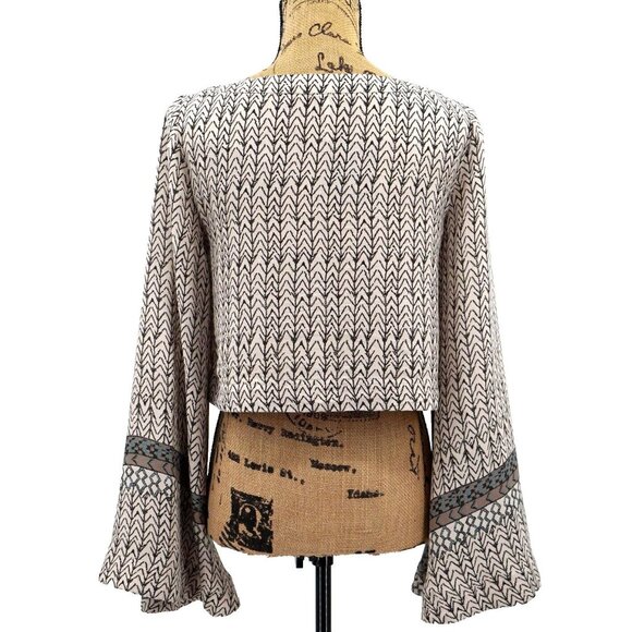 Free People Cropped Top Women Extra Small XS Bell Sleeve Ivory Black Boho - Picture 2 of 10